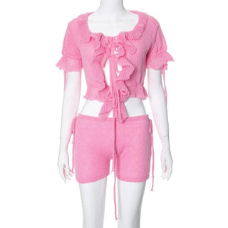 Short sleeve ruffle knitted drawstring ruched pant set