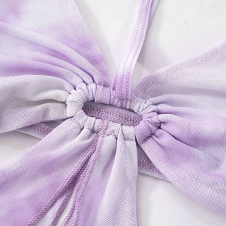 Long flared sleeve halter ruffle hollow out print cut out top