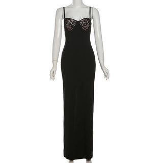 Sweetheart neck lace slit patchwork cami maxi dress