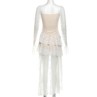 Long flared sleeve lace ruffle mini dress