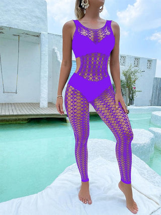U neck sleeveless hollow out fishnet bodystocking