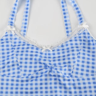 Lace hem plaid backless bowknot cami top