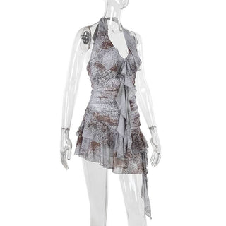 Self tie halter snakeskin print ruffle ruched mini dress