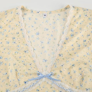 Cap sleeve v neck print bowknot lace hem top