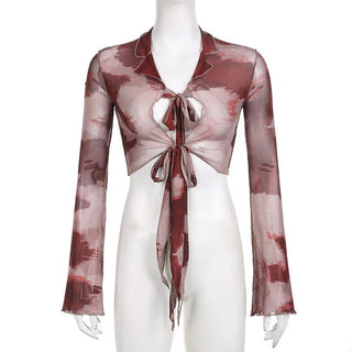 Sheer mesh see through long sleeve tie dye ruffle self tie crop top