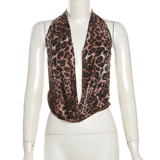 Halter cowl neck leopard print backless top