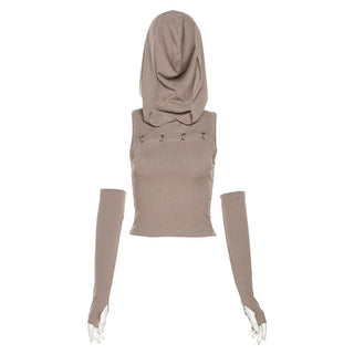 Gloves sleeveless solid hoodie o ring crop top