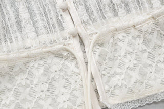 Short sleeve button lace see through crop top