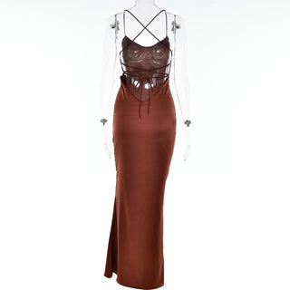 Satin solid lace up cross back v neck low cut maxi dress