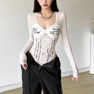 Long sleeve lace v neck letter print button bodysuit
