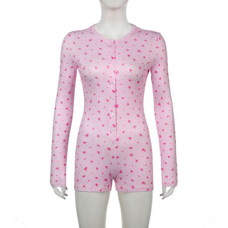 Long sleeve crewneck button flower print romper