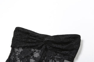 Lace ruched slit ruffle solid tube top