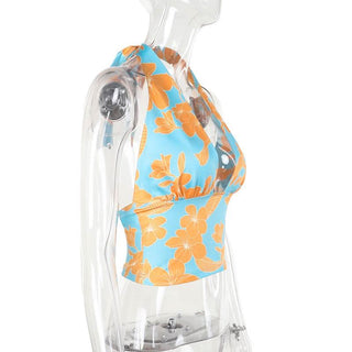 Self tie halter flower print backless contrast top