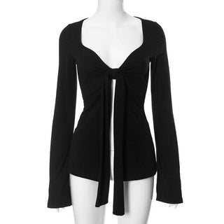 Long flared sleeve v neck ruched top