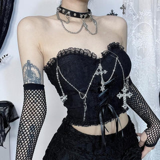 Metal chain lace up sweetheart neck tube top