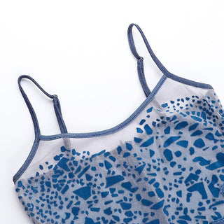 U neck denim mesh patchwork print cami mini dress