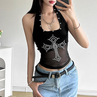 Halter beaded square neck cross pattern mesh top