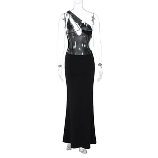 One shoulder o ring lace hem backless maxi dress