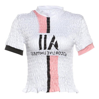 Short sleeve crewneck ruffle smocked letter print top