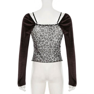 Long sleeve bowknot velvet patchwork leopard print top
