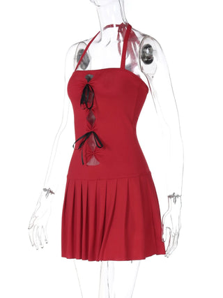 Halter bowknot ruched hollow out cut out mini dress