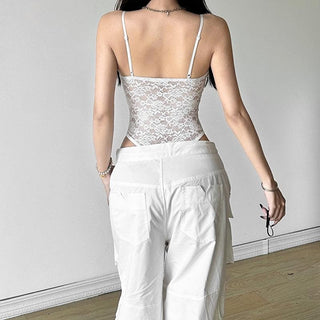 Lace v neck letter print button cami bodysuit