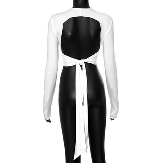 Self tie backless solid long sleeve crewneck top
