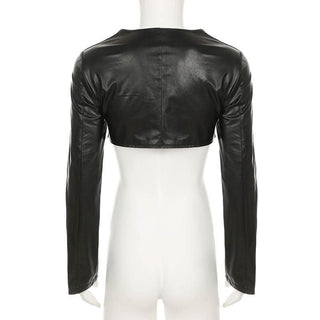 PU leather sweetheart neck long sleeve crop top