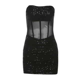 Glitter mesh patchwork tube mini dress