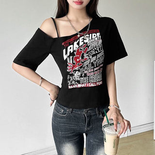 Irregular short sleeve hollow out letter print cut out top