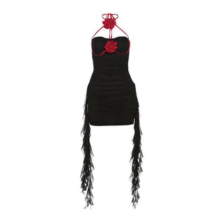 Halter self tie ruched flower applique backless mini dress