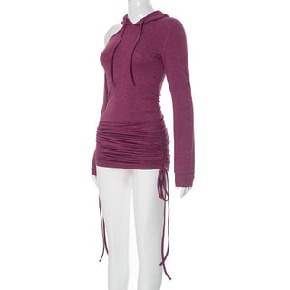 Hoodie long sleeve drawstring off shoulder mini dress