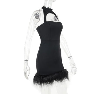 Hollow out halter fluffy backless button solid cut out mini dress