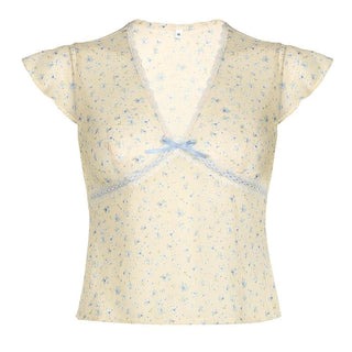 Cap sleeve v neck print bowknot lace hem top