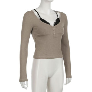 Long sleeve lace hem patchwork button top