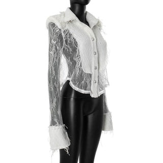 Turnover collar long sleeve lace button ruffle top
