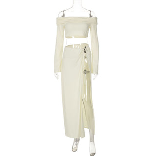 Off shoulder long sleeve o ring slit maxi dress