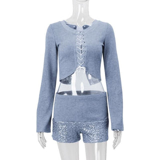 Long sleeve hollow out lace up textured round neck cut out top