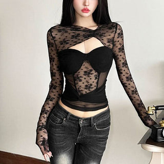Long sleeve hollow out ruched lace cut out top