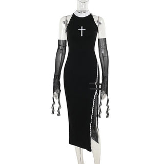 High neck gloves lace hem slit cross pattern midi dress