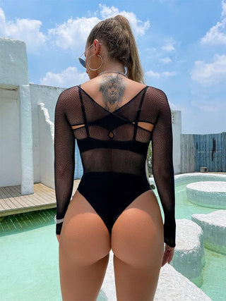 Long sleeve hollow out cross front net bodysuit