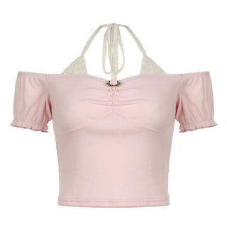 Short puff sleeve off shoulder halter ribbed top