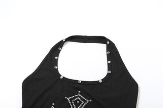 Halter beaded square neck cross pattern mesh top