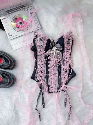 Lace beaded bowknot self tie cami top