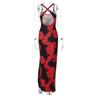 Rose print u neck slit cross back cami maxi dress