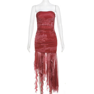 Ruched mesh loong print ruffle tube midi dress