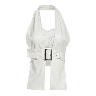 Halter lace hem PU leather 2 piece ruched top