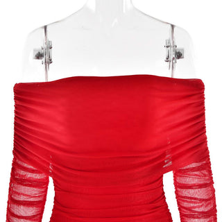 Off shoulder long sleeve slit mesh ruched maxi dress