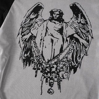 Long sleeve off shoulder ruched sheer mesh Jesus print top