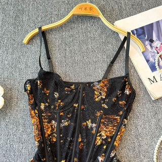 Lace flower print corset cami bodysuit